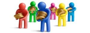 Multicolored plasticine human figures with a stacks of coins